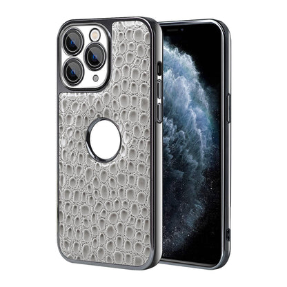 For iPhone 11 Pro Pearl Crocodile Texture Electroplated Frame PC + Vegan Leather Phone Case - Gray - EDA009690120A