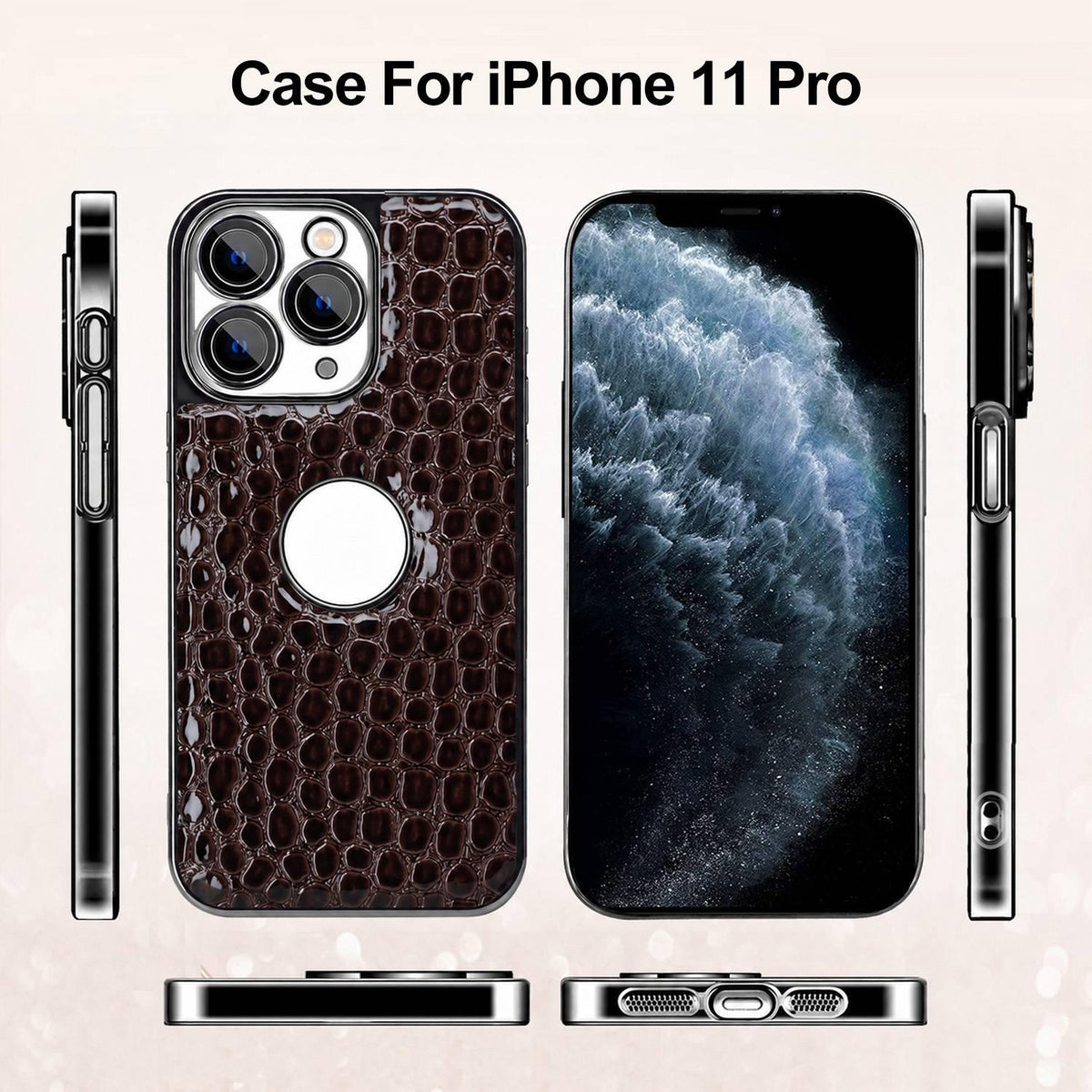 For iPhone 11 Pro Pearl Crocodile Texture Electroplated Frame PC + Vegan Leather Phone Case - Gray - EDA009690120A