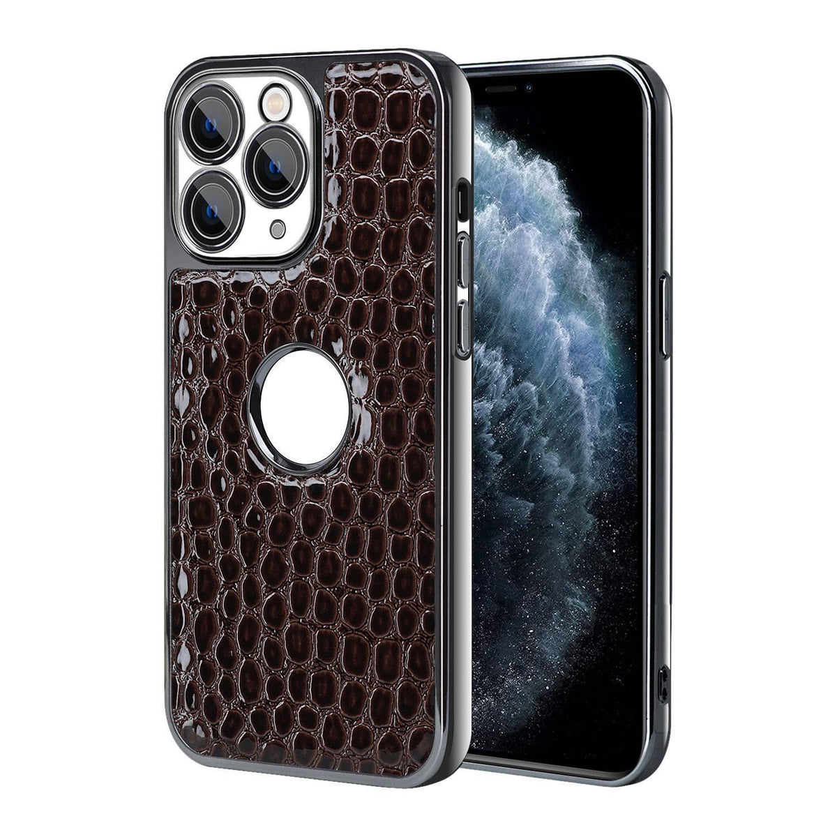 For iPhone 11 Pro Pearl Crocodile Texture Electroplated Frame PC + Vegan Leather Phone Case - Dark Brown - EDA009690120B