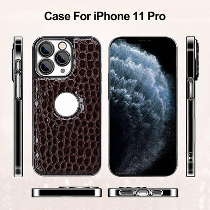 For iPhone 11 Pro Pearl Crocodile Texture Electroplated Frame PC + Vegan Leather Phone Case - Black - EDA009690120C