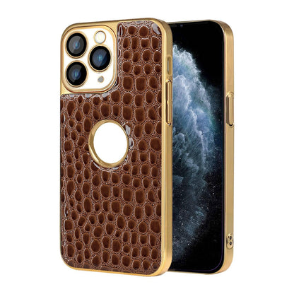 For iPhone 11 Pro Pearl Crocodile Texture Electroplated Frame PC + Vegan Leather Phone Case - Brown - EDA009690120E