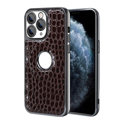 For iPhone 11 Pro Max Pearl Crocodile Texture Electroplated Frame PC + Vegan Leather Phone Case - Dark Brown - EDA009690121B