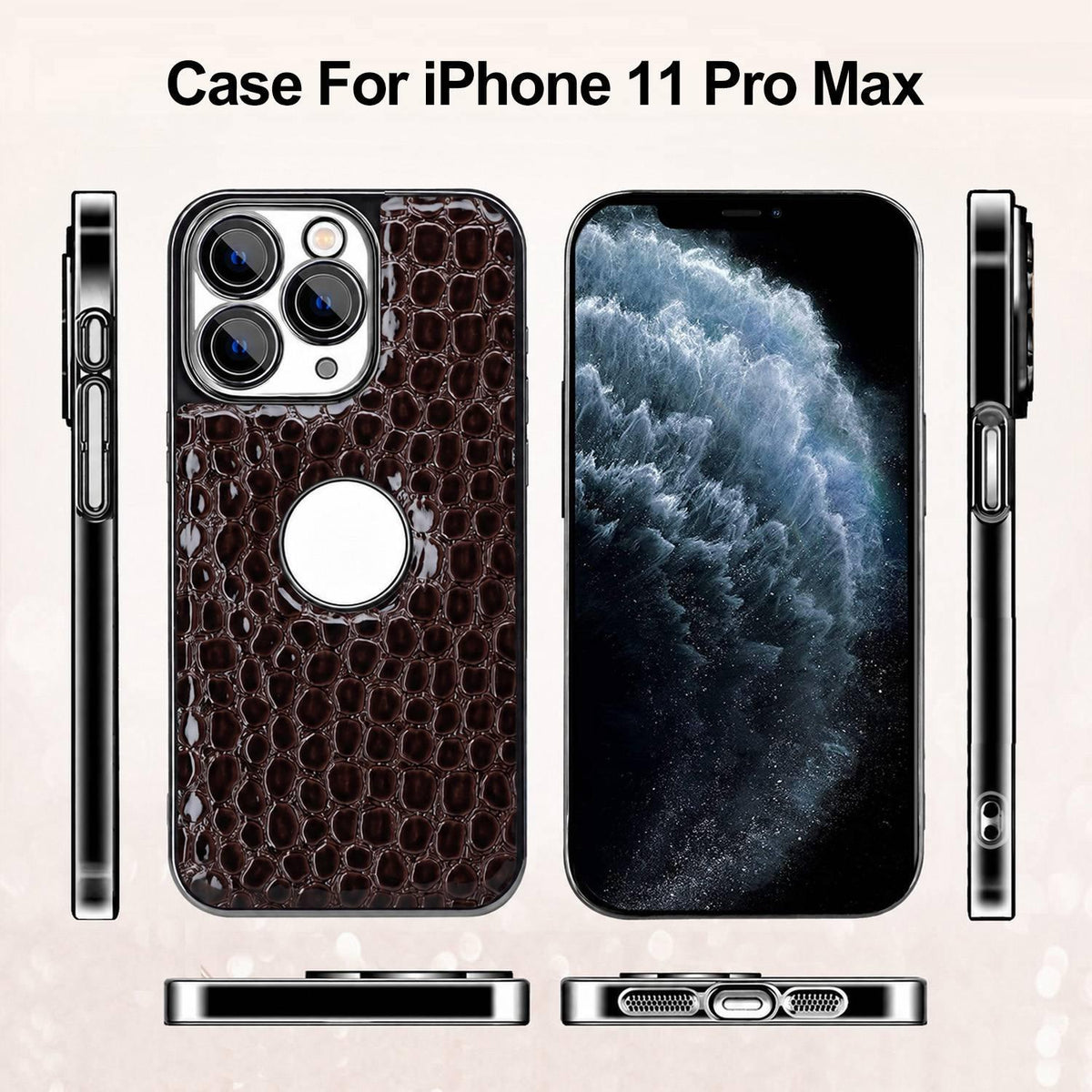 For iPhone 11 Pro Max Pearl Crocodile Texture Electroplated Frame PC + Vegan Leather Phone Case - Dark Brown - EDA009690121B