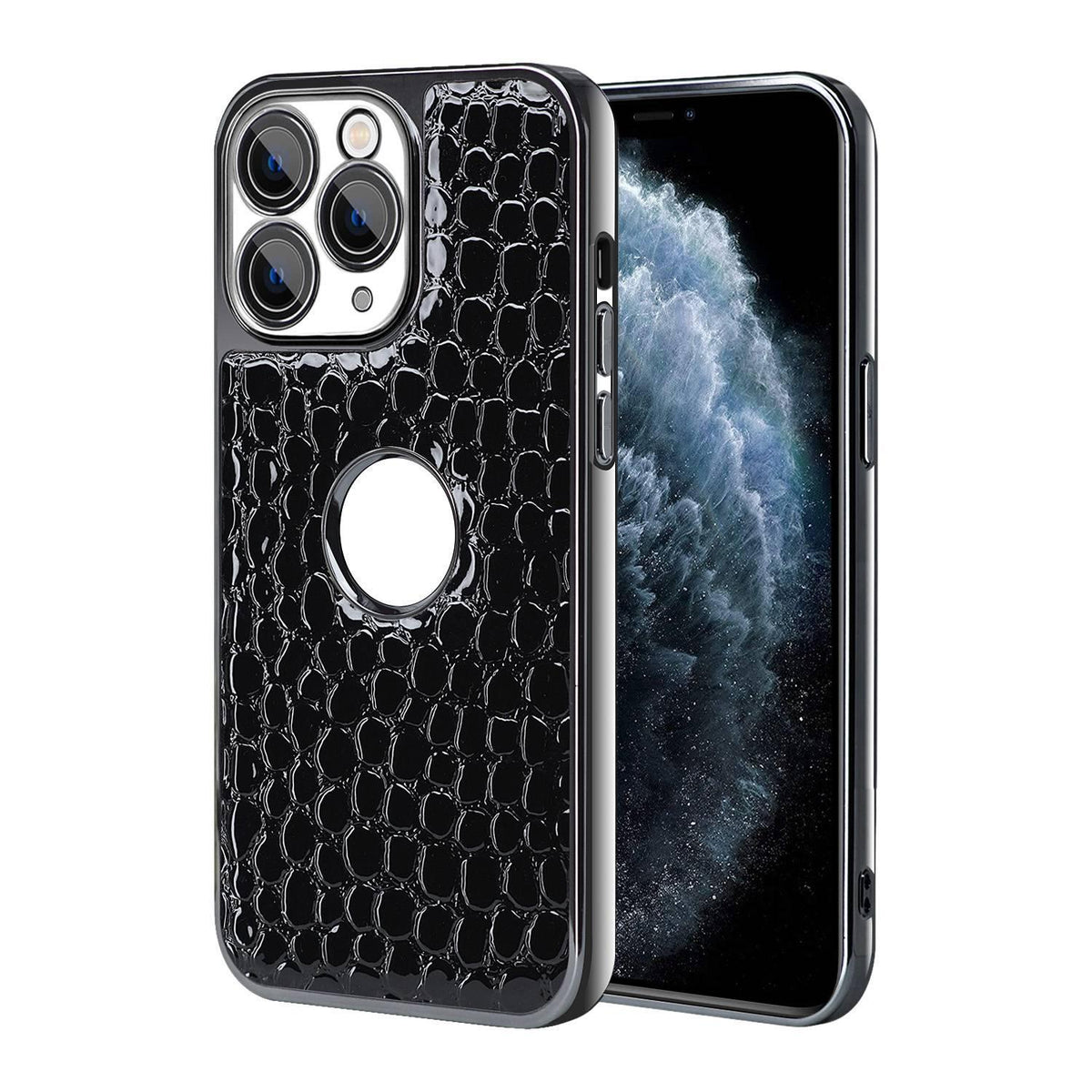 For iPhone 11 Pro Max Pearl Crocodile Texture Electroplated Frame PC + Vegan Leather Phone Case - Black - EDA009690121C