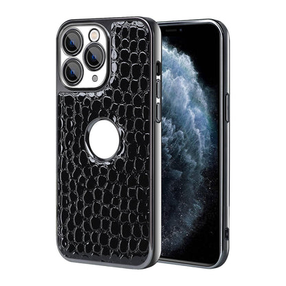For iPhone 11 Pro Max Pearl Crocodile Texture Electroplated Frame PC + Vegan Leather Phone Case - Black - EDA009690121C