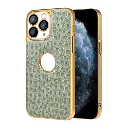 For iPhone 11 Pro Max Pearl Crocodile Texture Electroplated Frame PC + Vegan Leather Phone Case - Green - EDA009690121D