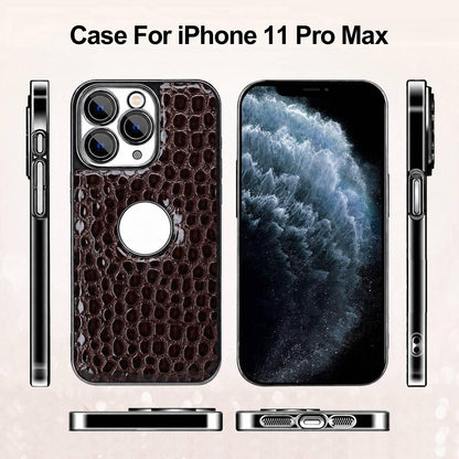 For iPhone 11 Pro Max Pearl Crocodile Texture Electroplated Frame PC + Vegan Leather Phone Case - Brown - EDA009690121E