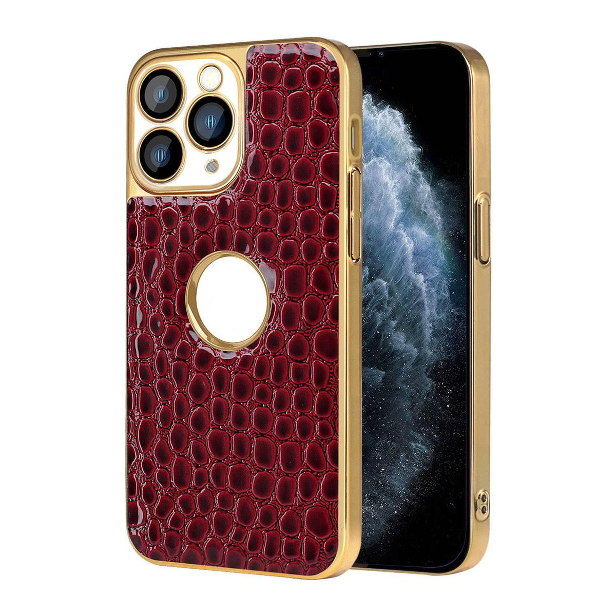 For iPhone 11 Pro Max Pearl Crocodile Texture Electroplated Frame PC + Vegan Leather Phone Case - Red - EDA009690121F
