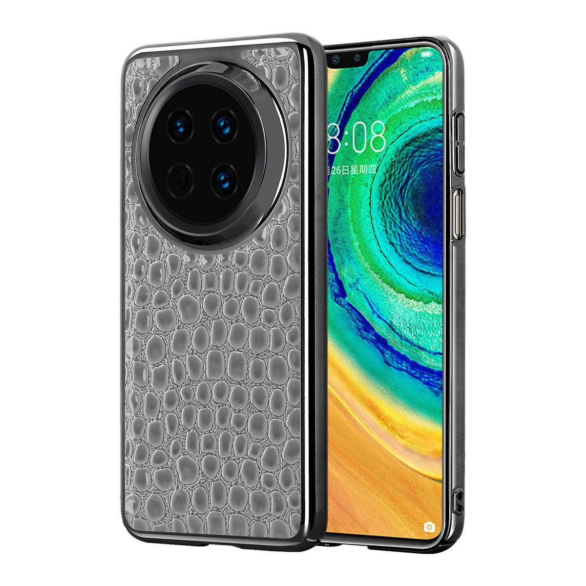 For Huawei Mate 30 Pearl Crocodile Texture Electroplated Frame PC + Vegan Leather Phone Case - Gray - EDA009690201A