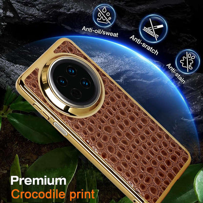 For Huawei Mate 30 Pearl Crocodile Texture Electroplated Frame PC + Vegan Leather Phone Case - Dark Brown - EDA009690201B