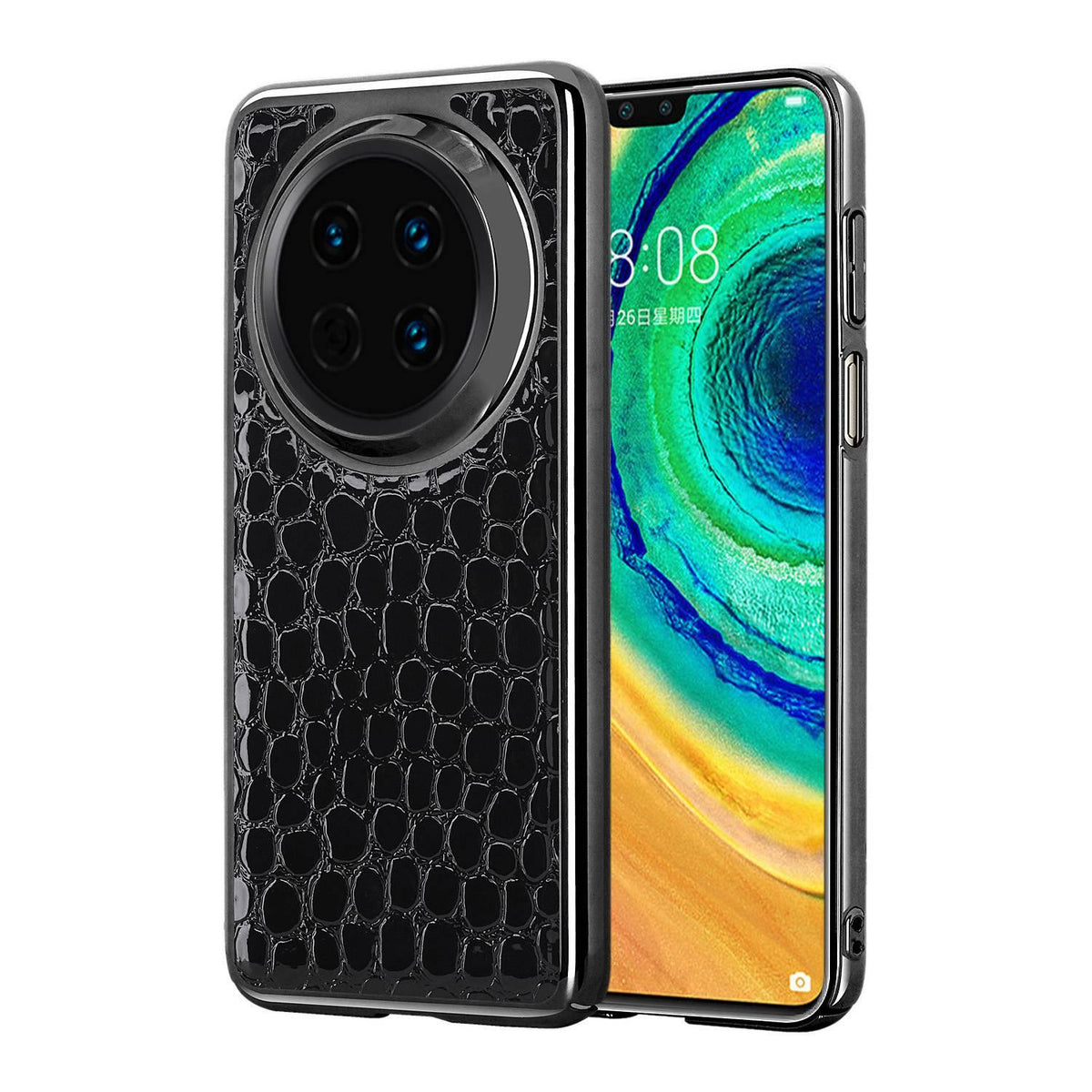 For Huawei Mate 30 Pearl Crocodile Texture Electroplated Frame PC + Vegan Leather Phone Case - Black - EDA009690201C
