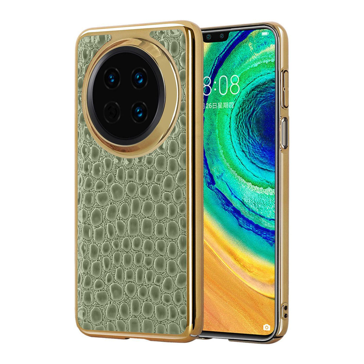 For Huawei Mate 30 Pearl Crocodile Texture Electroplated Frame PC + Vegan Leather Phone Case - Green - EDA009690201D