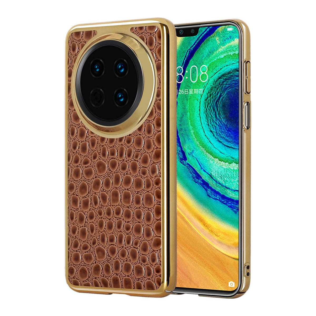 For Huawei Mate 30 Pearl Crocodile Texture Electroplated Frame PC + Vegan Leather Phone Case - Brown - EDA009690201E