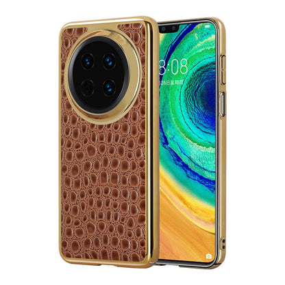 For Huawei Mate 30 Pearl Crocodile Texture Electroplated Frame PC + Vegan Leather Phone Case - Brown - EDA009690201E