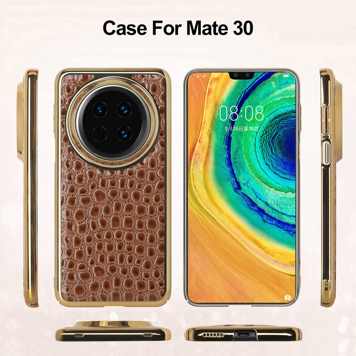 For Huawei Mate 30 Pearl Crocodile Texture Electroplated Frame PC + Vegan Leather Phone Case - Brown - EDA009690201E