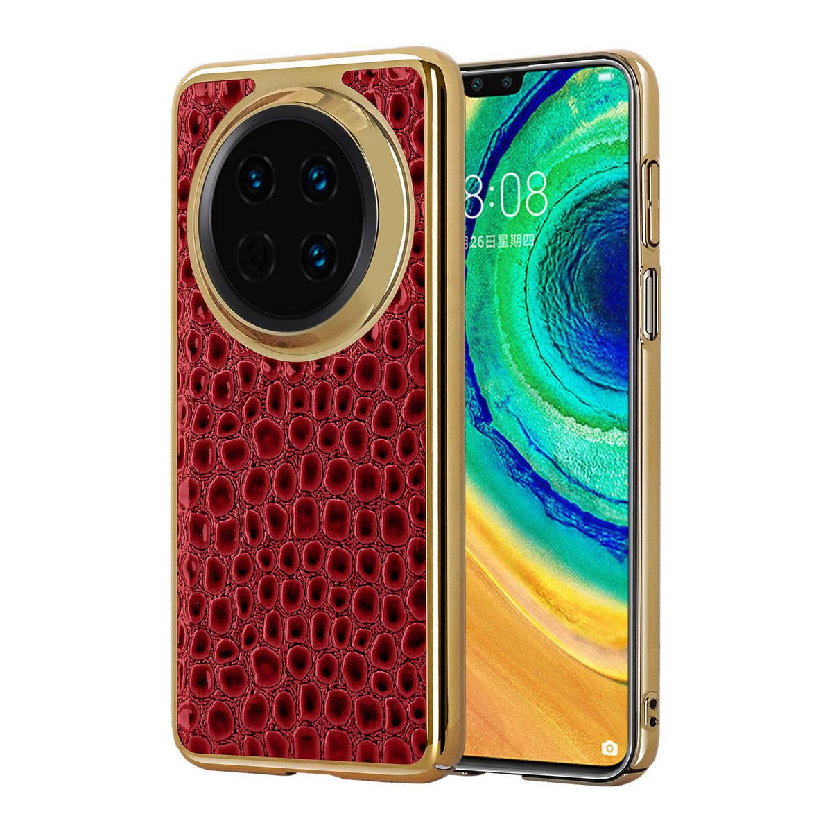 For Huawei Mate 30 Pearl Crocodile Texture Electroplated Frame PC + Vegan Leather Phone Case - Red - EDA009690201F
