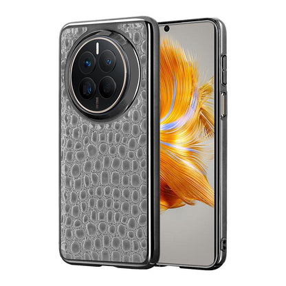 For Huawei Mate 50 Pearl Crocodile Texture Electroplated Frame PC + Vegan Leather Phone Case - Gray - EDA009690205A