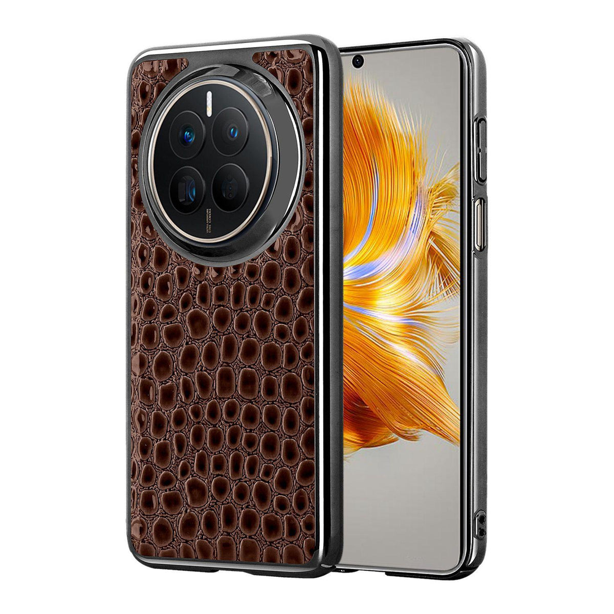 For Huawei Mate 50 Pearl Crocodile Texture Electroplated Frame PC + Vegan Leather Phone Case - Dark Brown - EDA009690205B