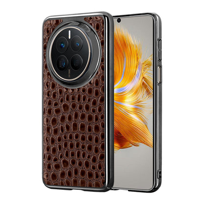 For Huawei Mate 50 Pearl Crocodile Texture Electroplated Frame PC + Vegan Leather Phone Case - Dark Brown - EDA009690205B