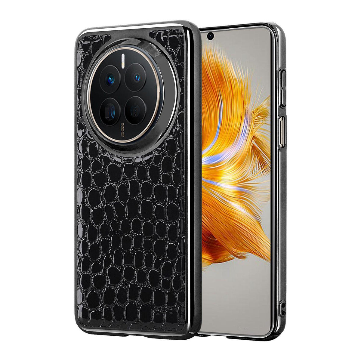 For Huawei Mate 50 Pearl Crocodile Texture Electroplated Frame PC + Vegan Leather Phone Case - Black - EDA009690205C
