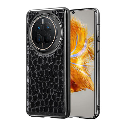 For Huawei Mate 50 Pearl Crocodile Texture Electroplated Frame PC + Vegan Leather Phone Case - Black - EDA009690205C