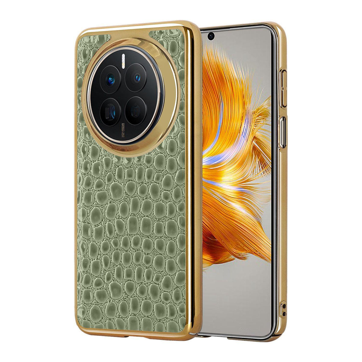 For Huawei Mate 50 Pearl Crocodile Texture Electroplated Frame PC + Vegan Leather Phone Case - Green - EDA009690205D