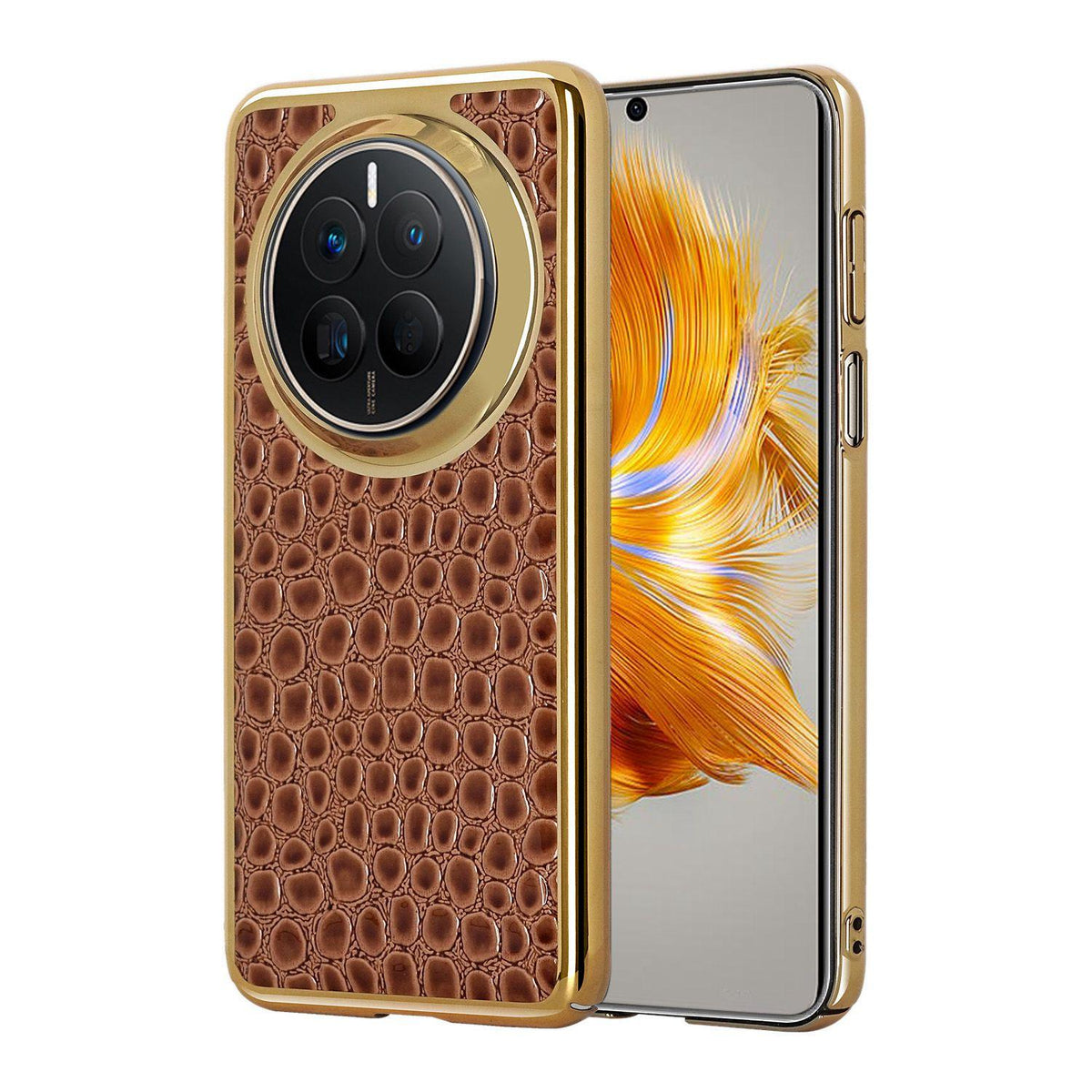 For Huawei Mate 50 Pearl Crocodile Texture Electroplated Frame PC + Vegan Leather Phone Case - Brown - EDA009690205E
