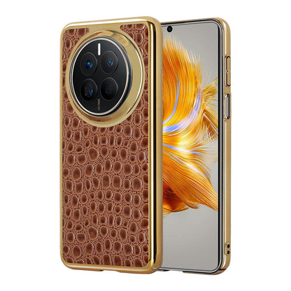 For Huawei Mate 50 Pearl Crocodile Texture Electroplated Frame PC + Vegan Leather Phone Case - Brown - EDA009690205E