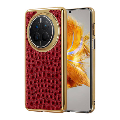 For Huawei Mate 50 Pearl Crocodile Texture Electroplated Frame PC + Vegan Leather Phone Case - Red - EDA009690205F