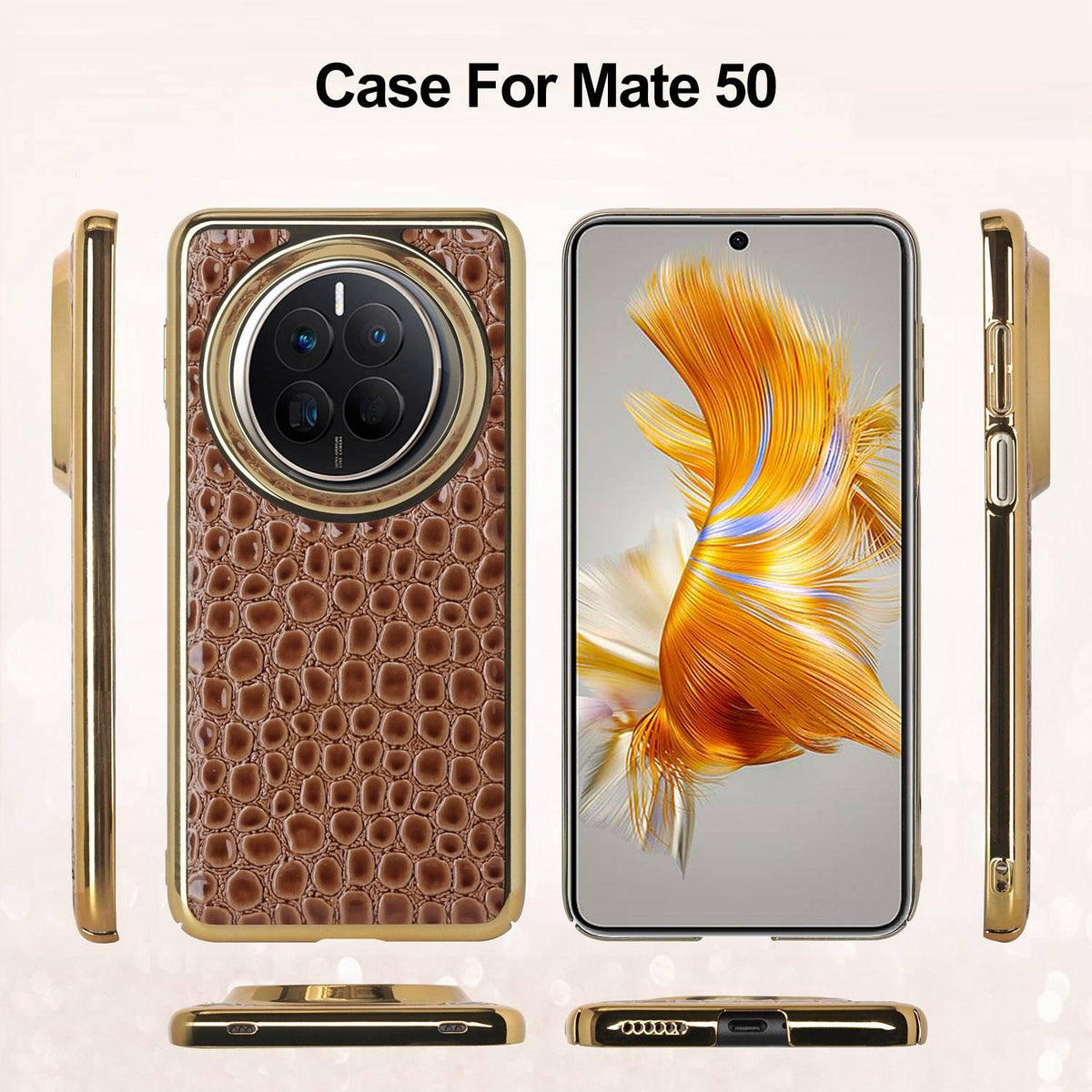 For Huawei Mate 50 Pearl Crocodile Texture Electroplated Frame PC + Vegan Leather Phone Case - Red - EDA009690205F