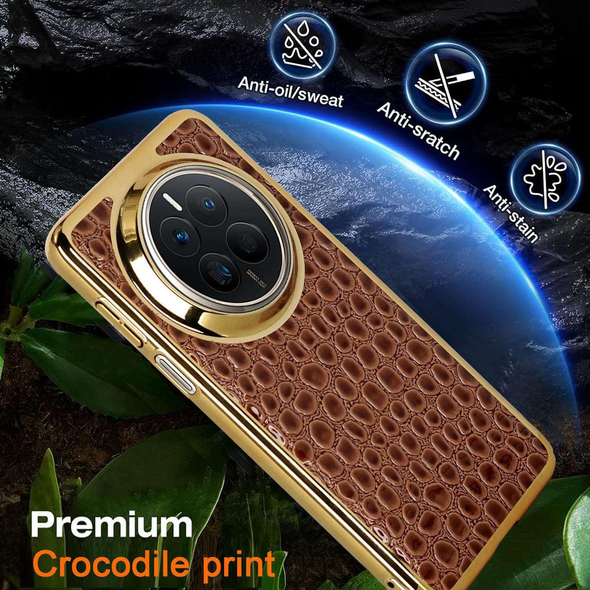 For Huawei Mate 50 Pearl Crocodile Texture Electroplated Frame PC + Vegan Leather Phone Case - Red - EDA009690205F