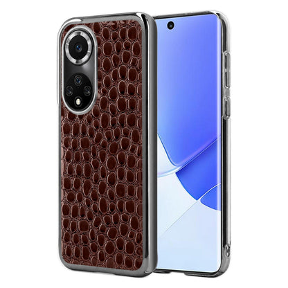 For Huawei nova 9 Pearl Crocodile Texture Electroplated Frame PC + Vegan Leather Phone Case - Dark Brown - EDA009690211B