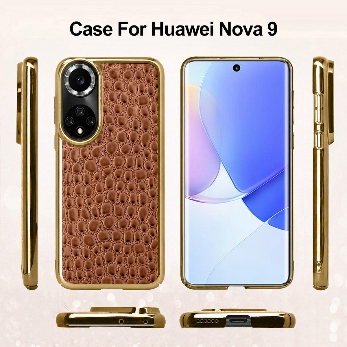 For Huawei nova 9 Pearl Crocodile Texture Electroplated Frame PC + Vegan Leather Phone Case - Dark Brown - EDA009690211B