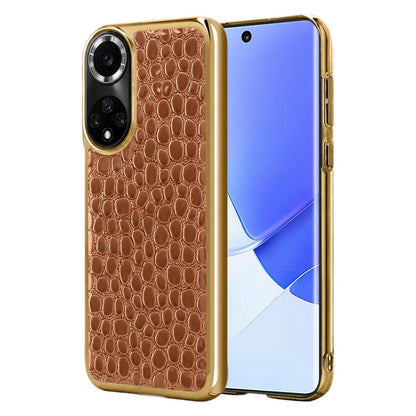 For Huawei nova 9 Pearl Crocodile Texture Electroplated Frame PC + Vegan Leather Phone Case - Brown - EDA009690211E