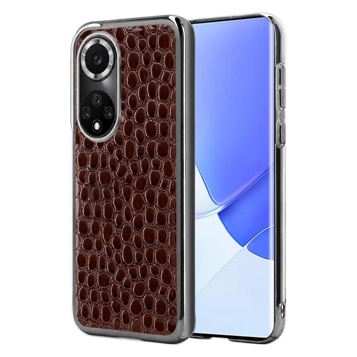 For Huawei nova 9 Pro Pearl Crocodile Texture Electroplated Frame PC + Vegan Leather Phone Case - Dark Brown - EDA009690212B