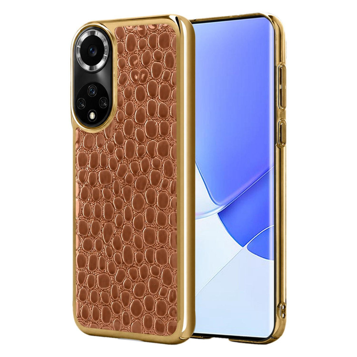 For Huawei nova 9 Pro Pearl Crocodile Texture Electroplated Frame PC + Vegan Leather Phone Case - Brown - EDA009690212E