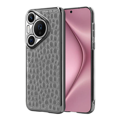 For Huawei Pura 70 Pearl Crocodile Texture Electroplated Frame PC + Vegan Leather Phone Case - Gray - EDA009690219A