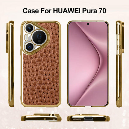 For Huawei Pura 70 Pearl Crocodile Texture Electroplated Frame PC + Vegan Leather Phone Case - Gray - EDA009690219A