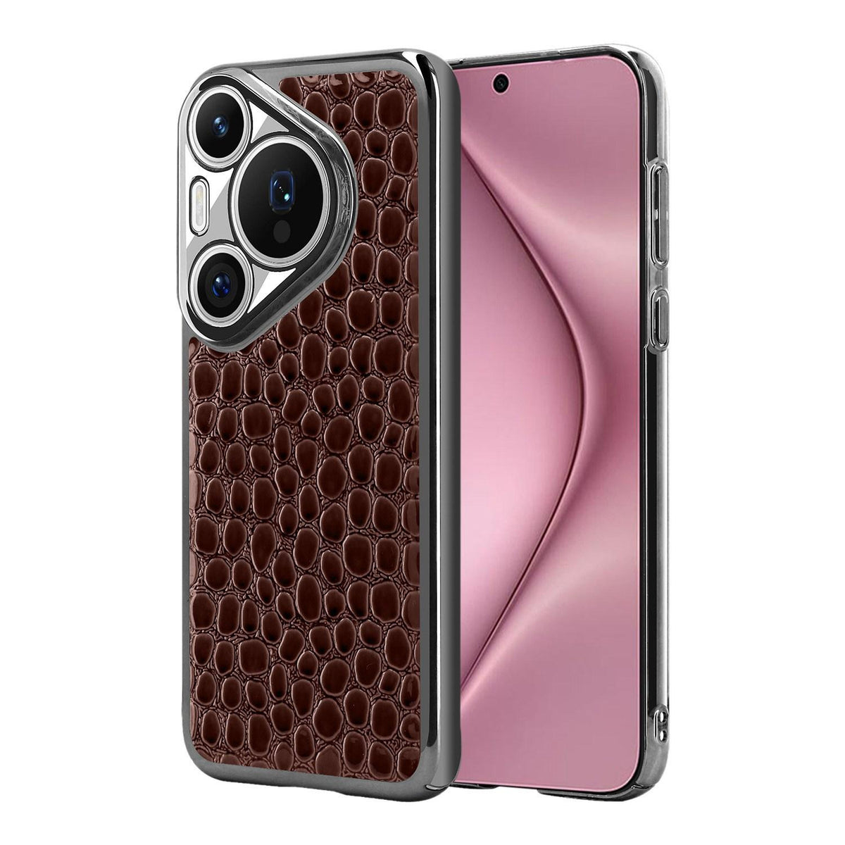 For Huawei Pura 70 Pearl Crocodile Texture Electroplated Frame PC + Vegan Leather Phone Case - Dark Brown - EDA009690219B