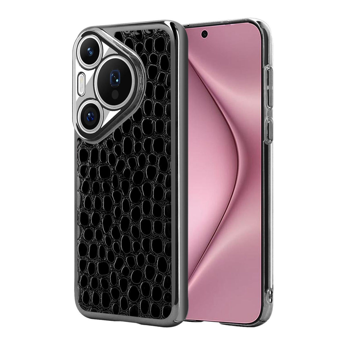 For Huawei Pura 70 Pearl Crocodile Texture Electroplated Frame PC + Vegan Leather Phone Case - Black - EDA009690219C