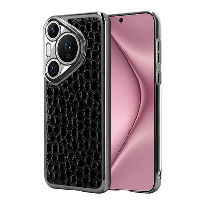 For Huawei Pura 70 Pearl Crocodile Texture Electroplated Frame PC + Vegan Leather Phone Case - Black - EDA009690219C
