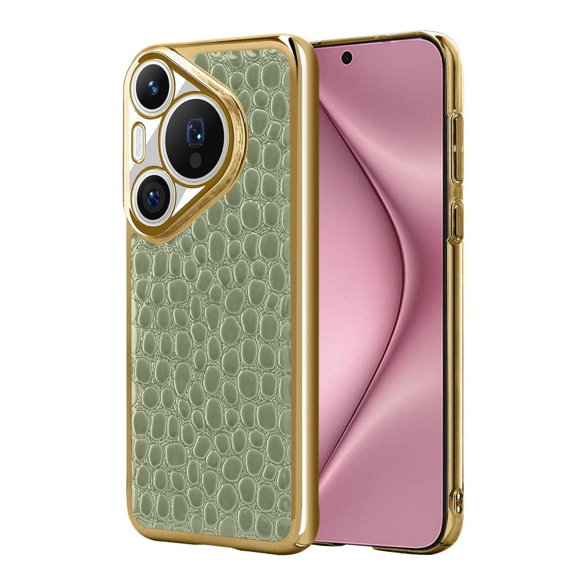 For Huawei Pura 70 Pearl Crocodile Texture Electroplated Frame PC + Vegan Leather Phone Case - Green - EDA009690219D