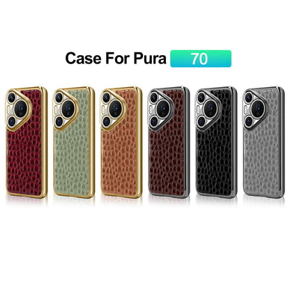 For Huawei Pura 70 Pearl Crocodile Texture Electroplated Frame PC + Vegan Leather Phone Case - Green - EDA009690219D