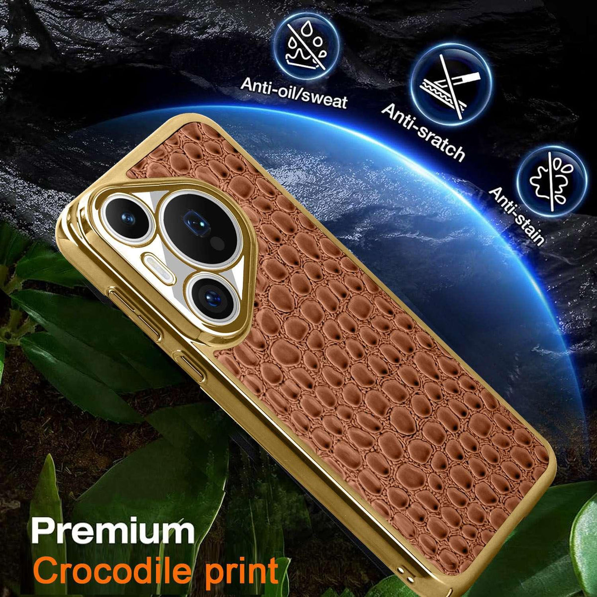 For Huawei Pura 70 Pearl Crocodile Texture Electroplated Frame PC + Vegan Leather Phone Case - Brown - EDA009690219E