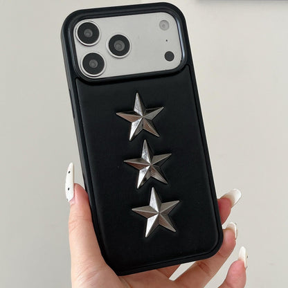 For iPhone 16 Pro Vegan Leather 3D Star Pattern Decorative Phone Case - Black - EDA009690305A