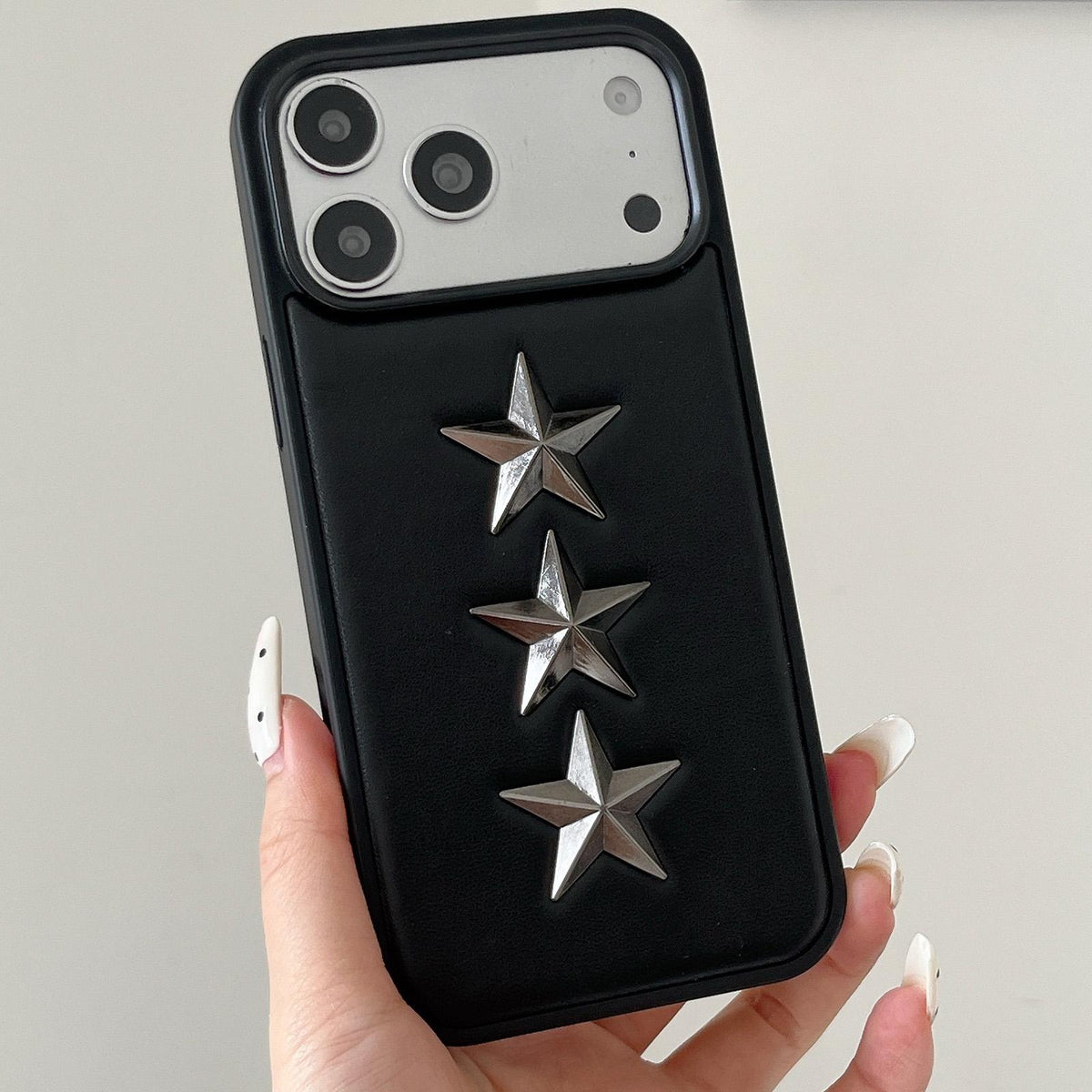 For iPhone 15 Vegan Leather 3D Star Pattern Decorative Phone Case - Black - EDA009690309A