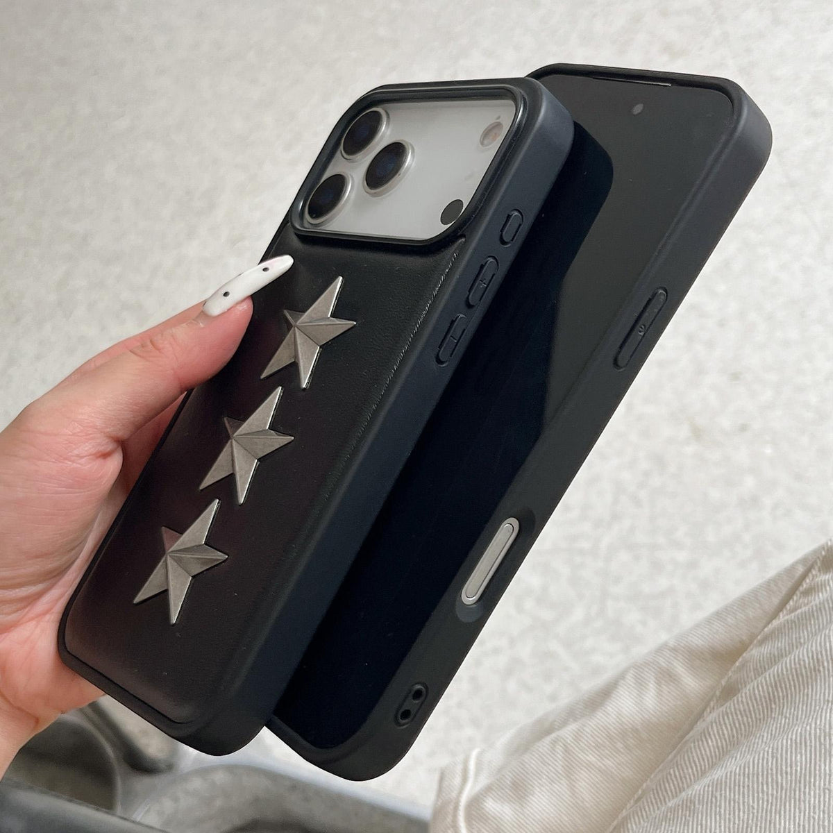 For iPhone 16 Vegan Leather 3D Star Pattern Decorative Phone Case - Black - EDA009690306A
