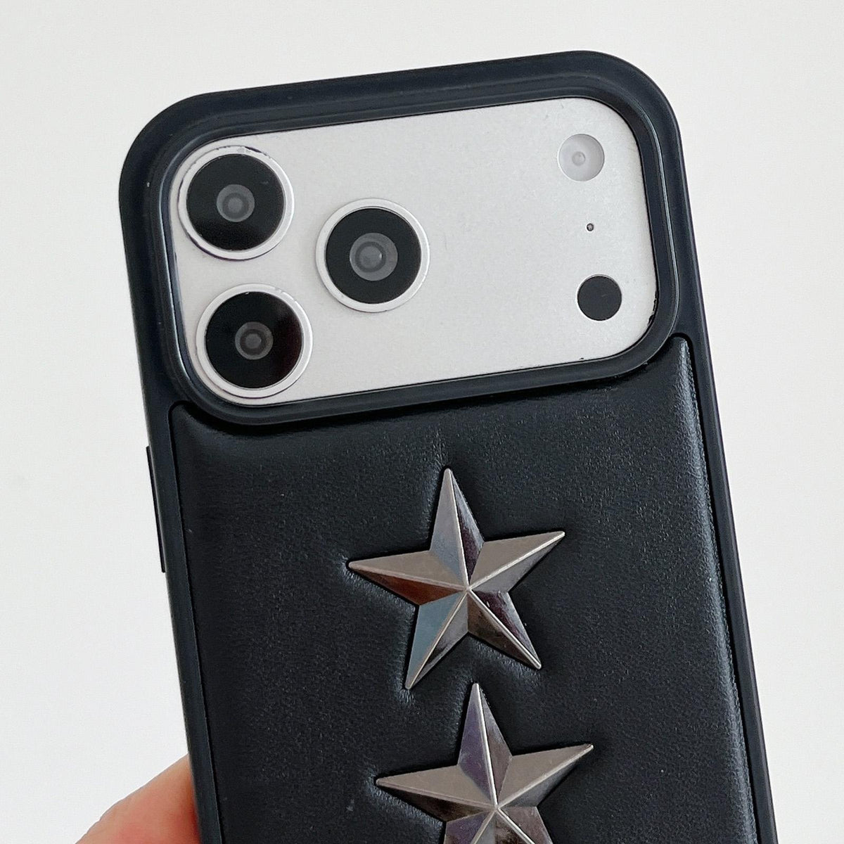 For iPhone 16 Pro Vegan Leather 3D Star Pattern Decorative Phone Case - Black - EDA009690305A
