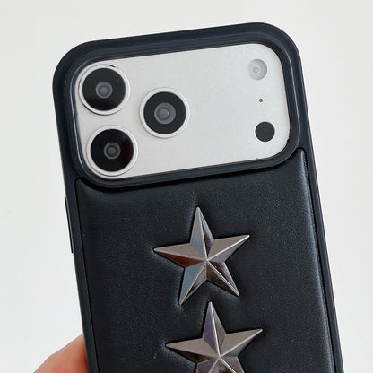 For iPhone 16 Pro Vegan Leather 3D Star Pattern Decorative Phone Case - Black - EDA009690305A