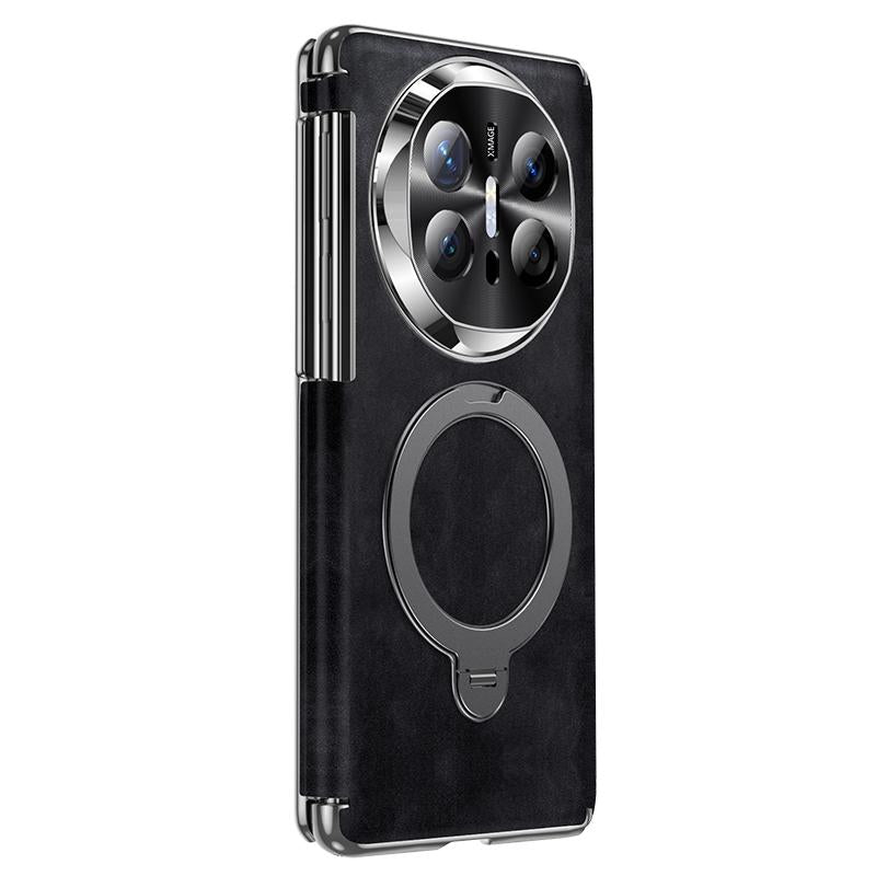 For Huawei Mate X6 Electroplated Nubuck PU Dual-Hinge Magnetic 360 Degree Holder Phone Case - Black - EDA009690701B